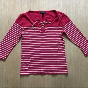 Lauren Ralph Lauren Lace-up Striped Top Size S/P Coastal Chic Round Neck
